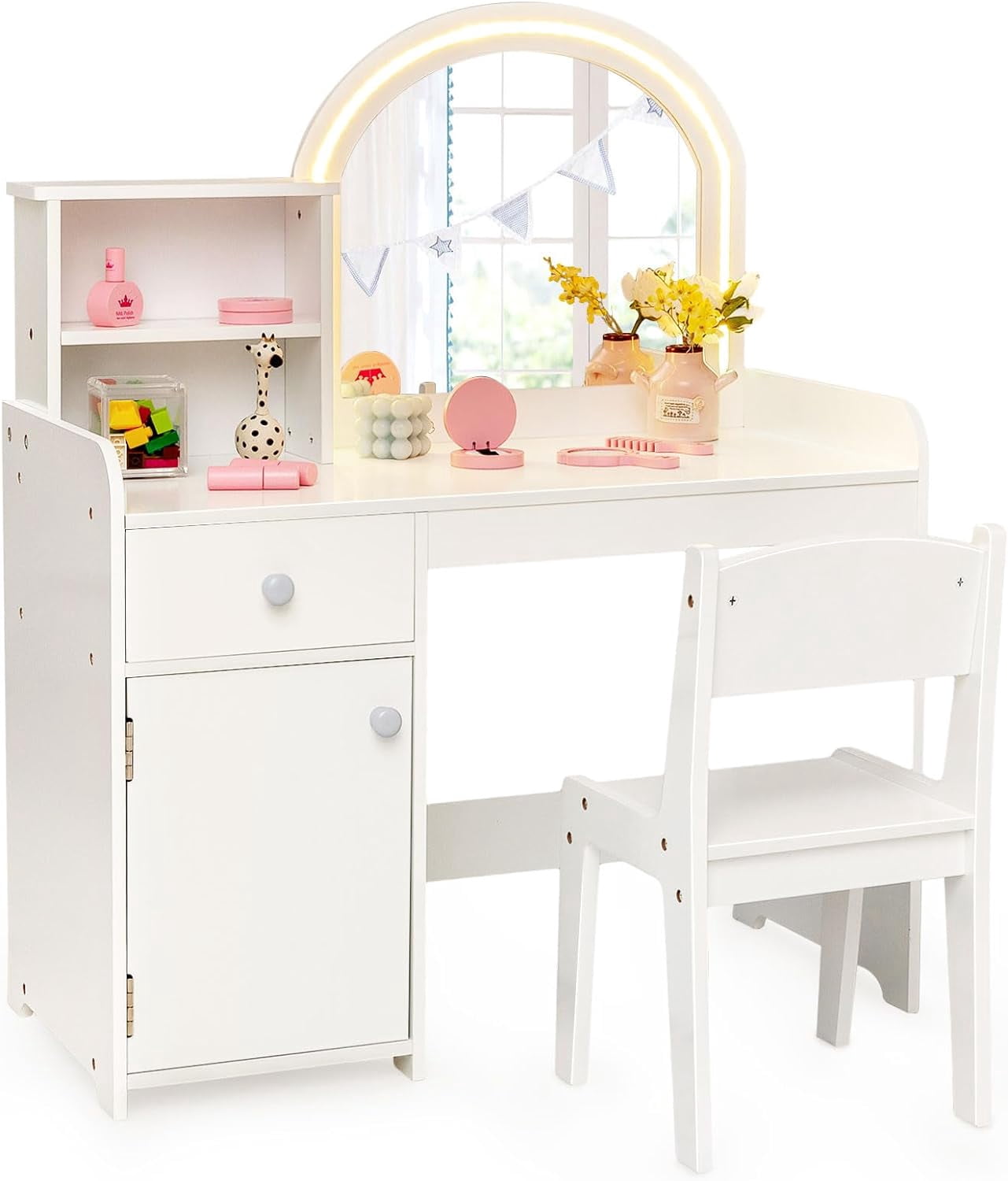 INFANS Kids Vanity, Princess Makeup Desk and Chair Set with Lights Mirror Drawer Storage Shelves, Wooden Dressing Table, Pretend Play Vanity Set for Toddler Girls