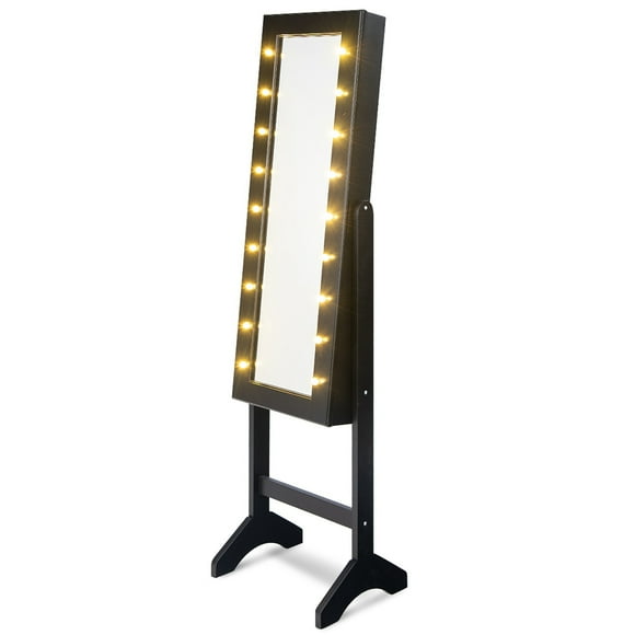 Costway Mirrored Jewelry Cabinet Armoire Organizer Free Standing w/ 18 LED lights Black