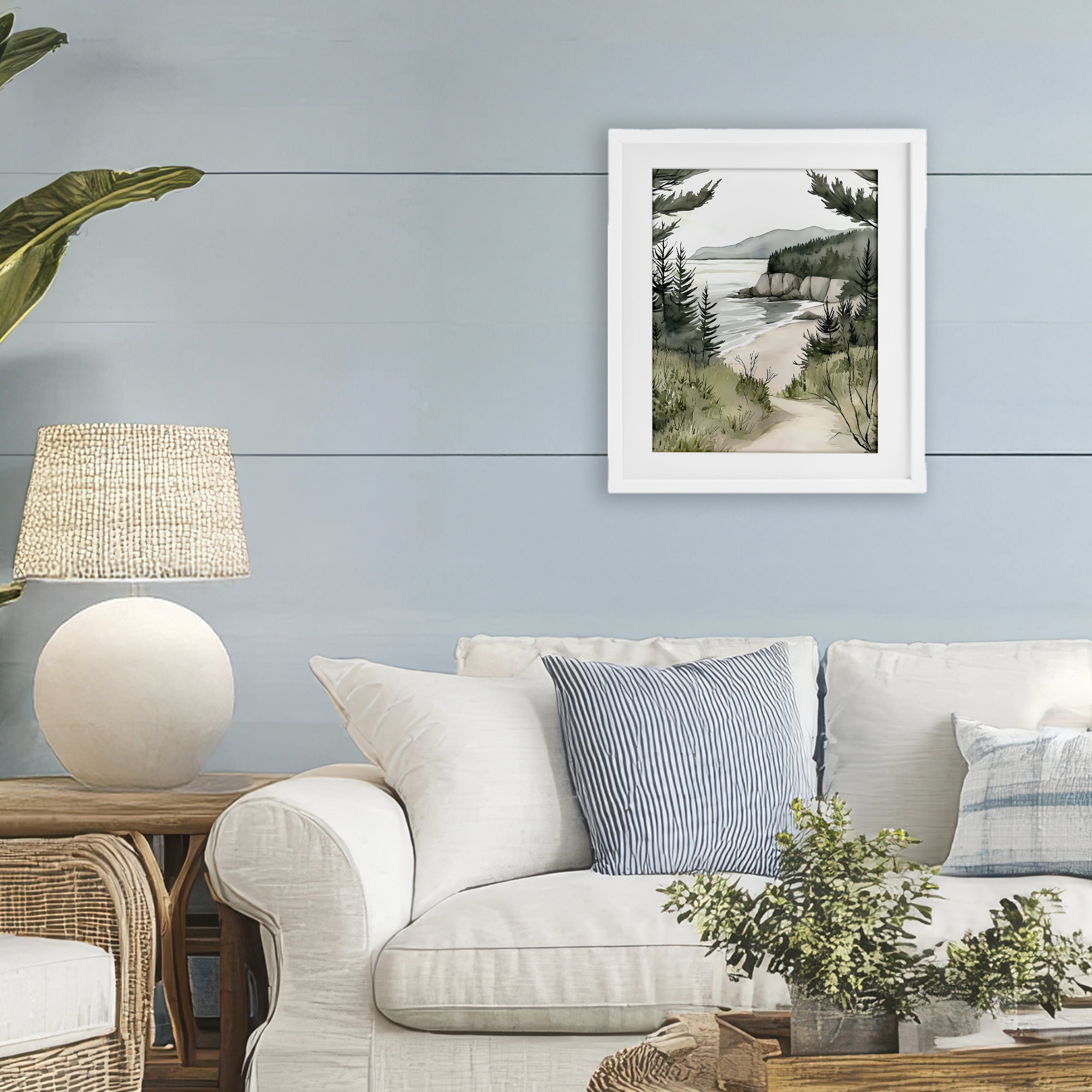 Stupell Industries Coastal Calm Winding Path White Framed Print Under Glass, design by Riley B