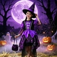 thumbnail image 5 of AWZXDE Girls' Dresses Girls Witch Dress Long Sleeve Mesh Halloween Dress With Hat Wand Bag Purple - 3-4 Years, 5 of 7