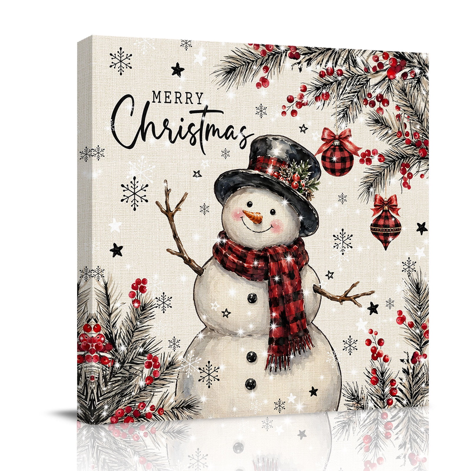 Canvas Wall Art Christmas Snowman Framed Canvas Prints for Living Room Bathroom Rustic Xmas Pine Needles Balls Snowflake Gallery Wrapped Wall Decor for Home Office Gifts 12 x12 Ship Next Day