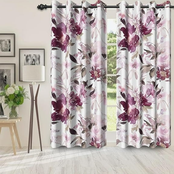 Magenta Flower Blackout Curtains For Bedroom/Living Room,2 Panels Sets Window Curtain, Magenta Floral Blooming Thermal Insulated Printed Curtains With Grommet 42"W x 96"L (Pack of 2)