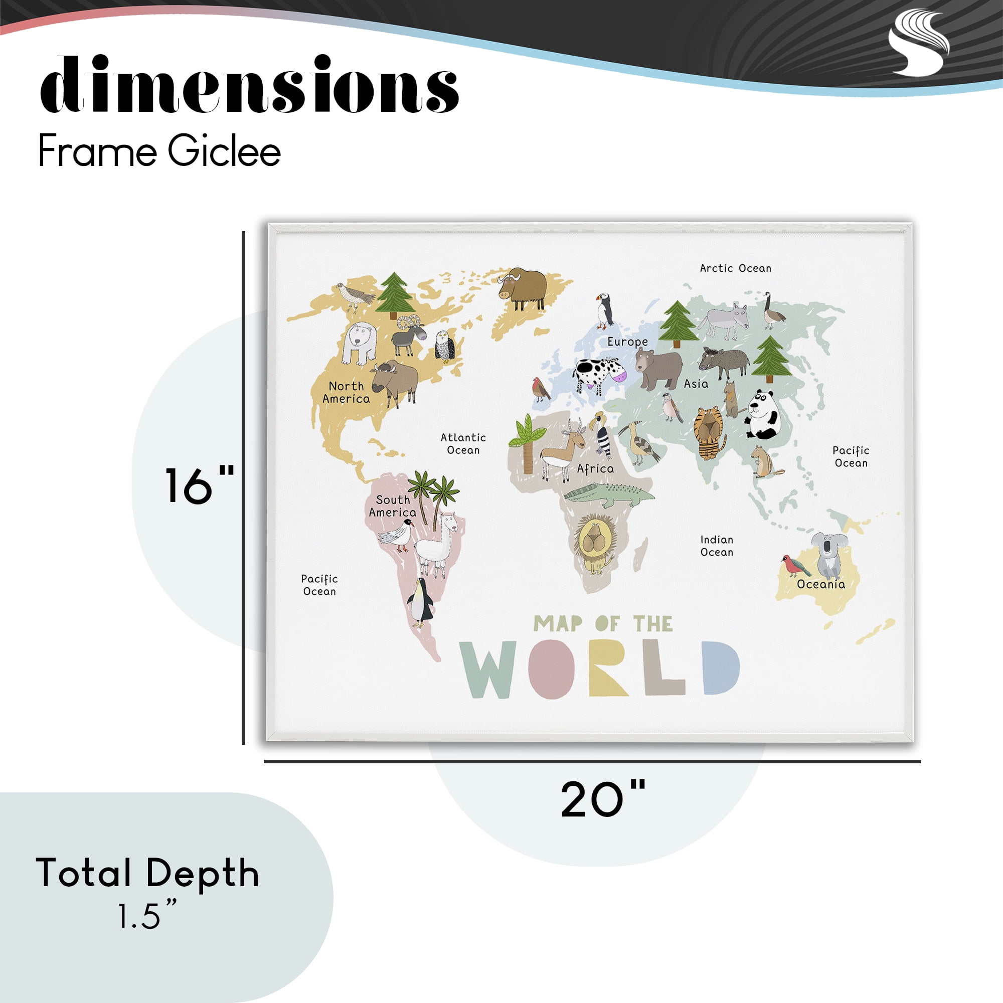 Map Of World Pastel Animals White Framed Giclee Art, design by Carla Daly
