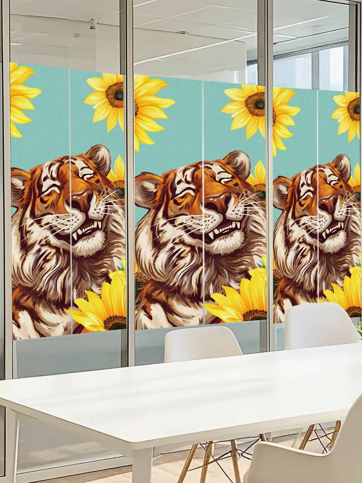 Funny Tiger Sunflower Window Privacy Film, Cartoon Summer Animal Floral Frosted Glass Window Clings Static Cling UV Heat Blocking Reusable Door Sticker for Bathroom 23.6 x 59 Inch