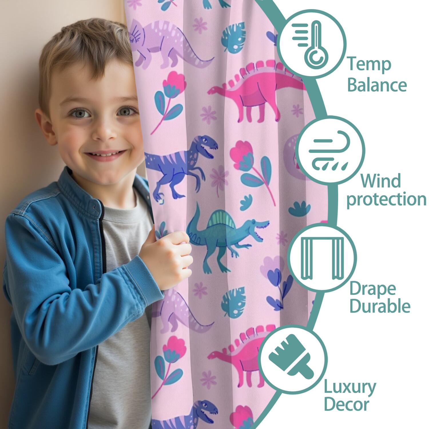 Blackout Kids Curtains,Pink Dinosaurs Flowers Leaves Pattern Childrens Insulated Curtains Set Of 2,Bedroom Essentials,Toddler Room Decor 42"x84"