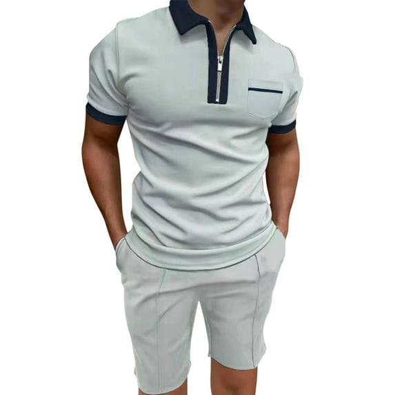 outfmvch t shirts for men male casual pocket two piece suit zipper collar suit drawstring pocket short set womens tops grey