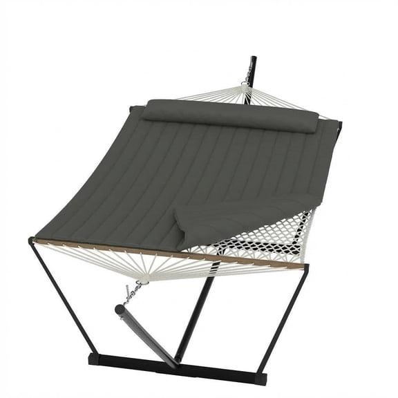 2 Person Portable Double Hammock for Outdoor with Pillow, Heavy Duty Portable Hammock with Adjustable Steel Stand for Patio, Garden, Beach, Backyard