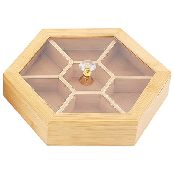 Hexagonal Snack Organizer with Lid, Multi-Compartment Wooden Serving Tray for Snacks, Nuts, Dry Food Storage - Clear Lid & Handle