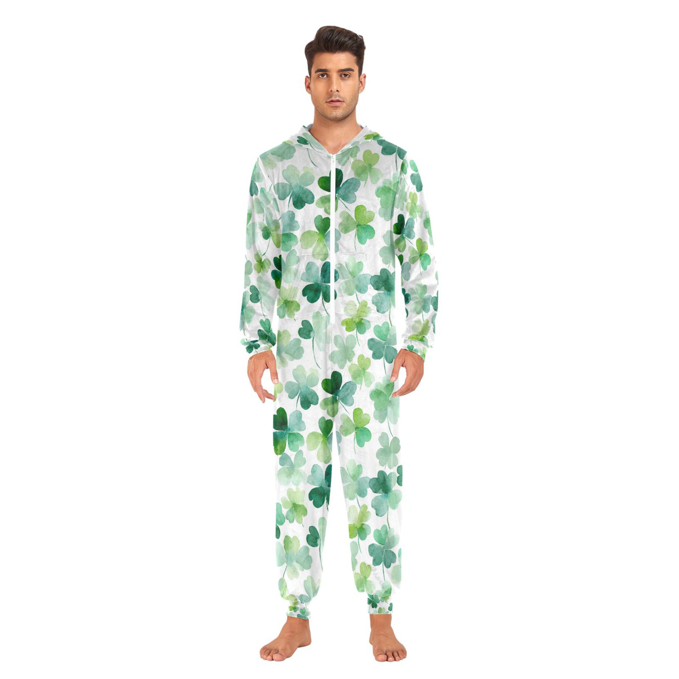 Adult Christmas Onesie Many Four-leaf Clovers Adult Zipper One-Piece Pajamas Unisex Pajamas with Pockets