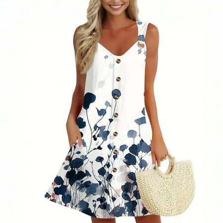 GXIPO Swimsuit Coverup Casual Summer Dresses for Women Beach Vacation Boho Sleeveless Sun Dress T Shirt Dress O-Ring Short Dress Pockets Blue L