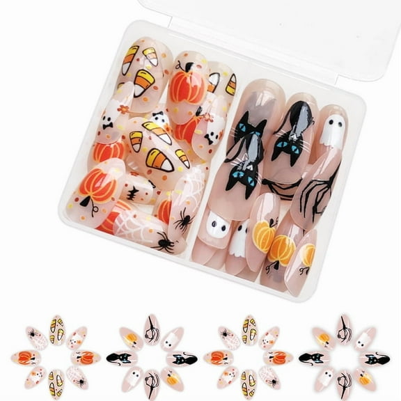 Yoyauz 48PCS Short Nail Fake Nail with Pink Pumpkin Ghost Cat Design Charm Acrylic Nail Halloween Suitable for Girls and Women