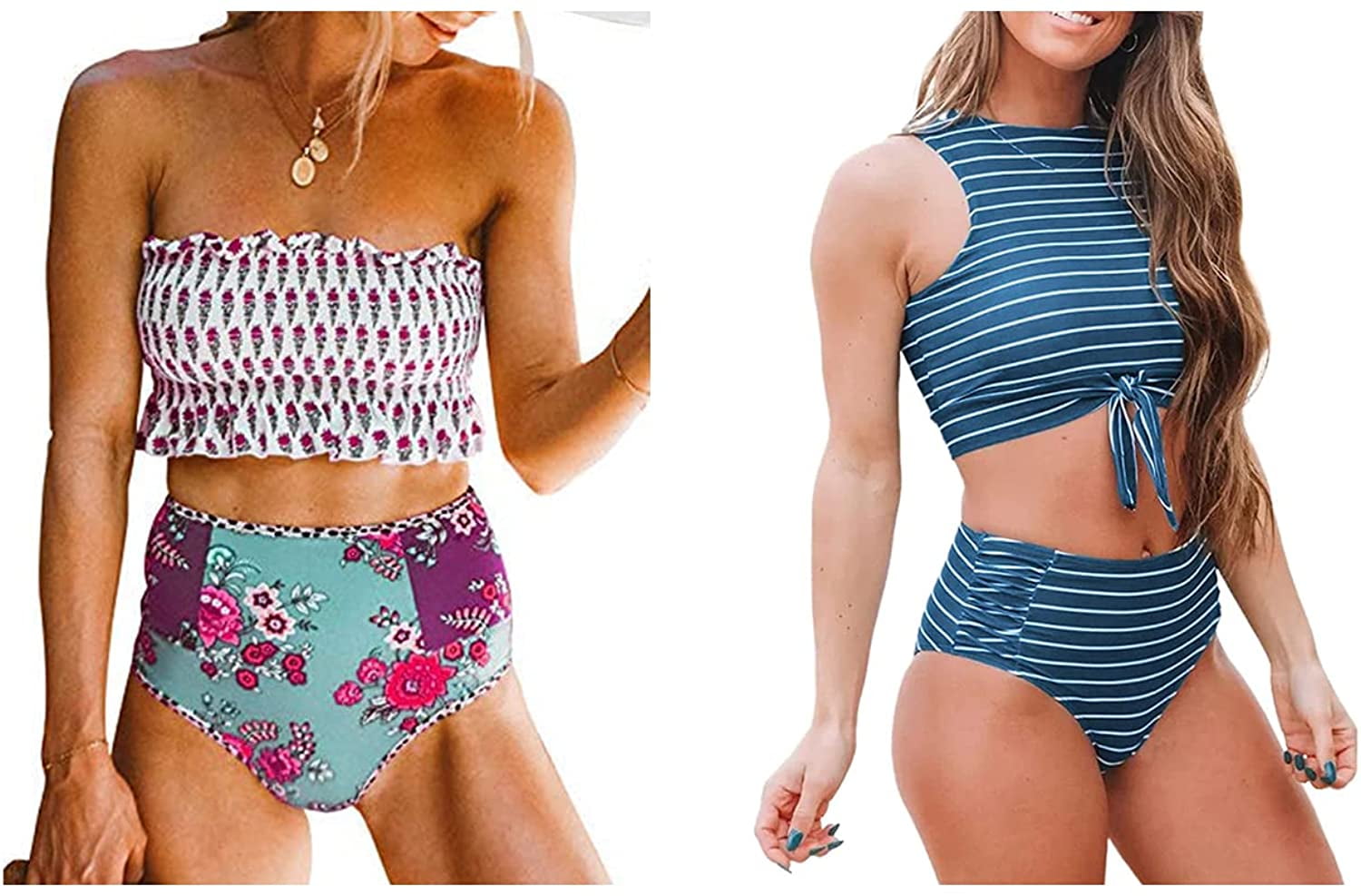 OMKAGI Women's 2-Piece Bandeau Bikini Set - Off Shoulder Top & High Waist Bottom, Snake Print, Removable Padding - View #5