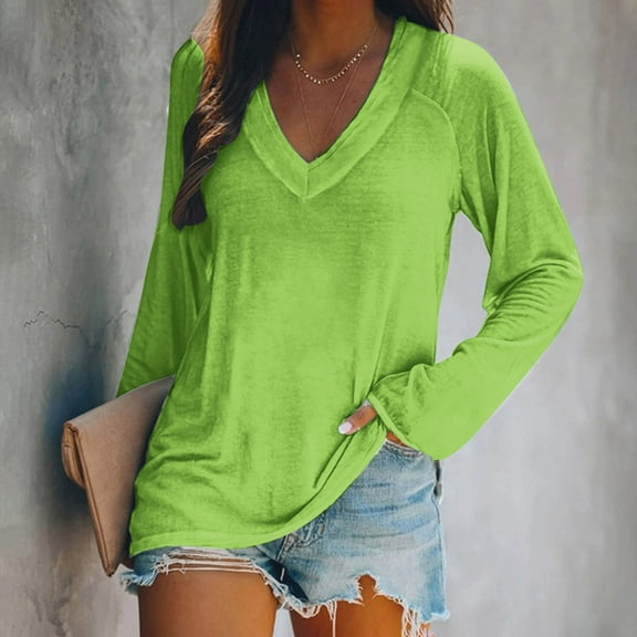 Women's Long Sleeve V-Neck Blouse Fashion Loose Fit Casual Tops Under $10 Comfortable Pullover Shirt for Everyday Wear