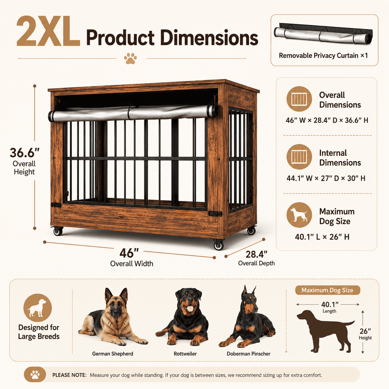 Aukfa 46-Inch Large Dog Crate Furniture, Indoor Dog Kennel Decorative Pet Cage End Table, Lift-Up Door, Curtain & Wheels,Brown