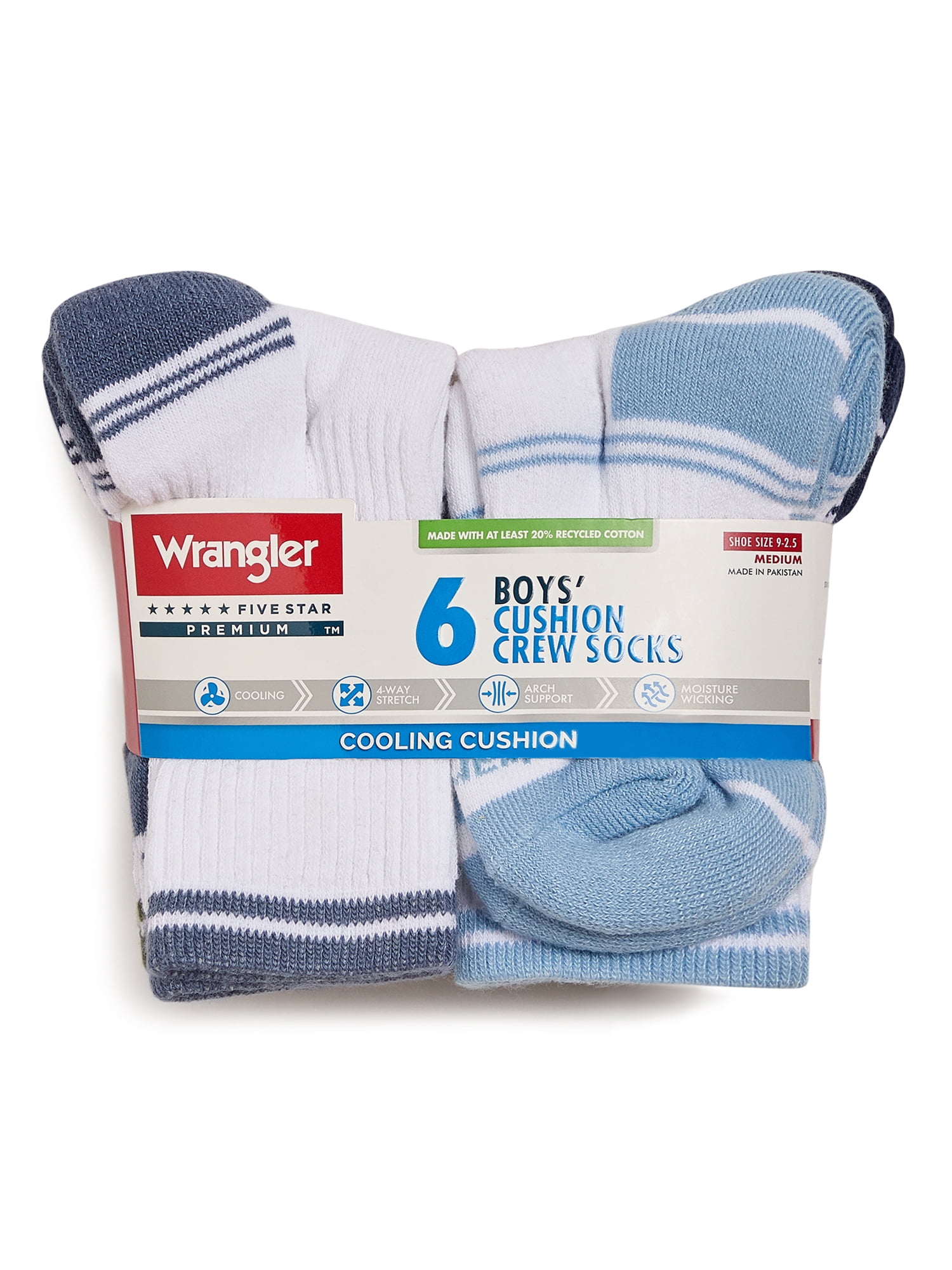 Wrangler Boys' Essentials Cool Comfort Crew Socks, Assorted Cushioned Socks for Kids, Small, 6-Pack