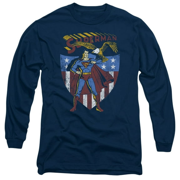 Superman All American Long Sleeve Adult 18/1 T-Shirt Navy