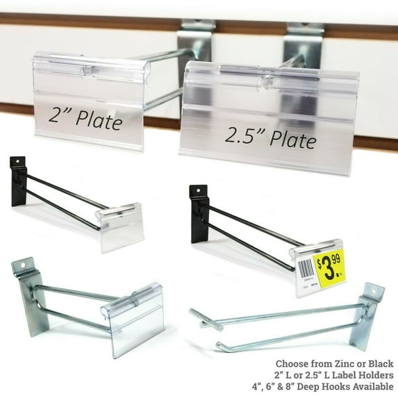 6" Zinc Slatwall Flip Up Scanner Hooks with 2.5" L X 1.25" H Flip Scan Hook Label Holder / Scanner Plates - 20 Pack