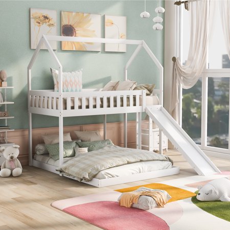 EUROCO Twin over Full House Bunk Bed with Roof and Slide for Bedroom  White