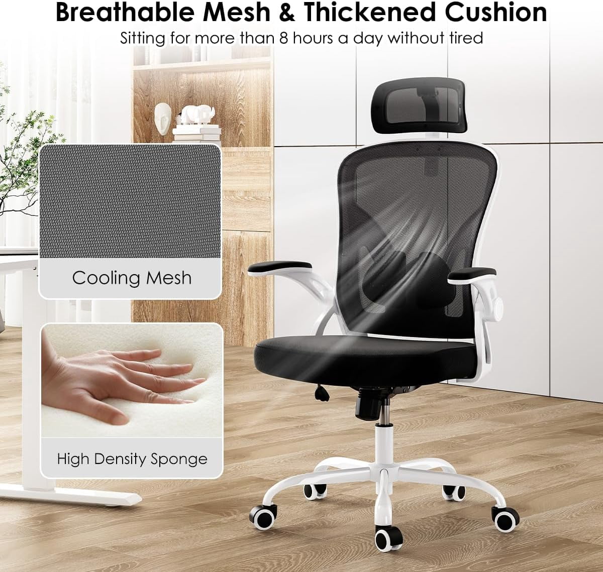 STARY Ergonomic Mesh Office Chair with Headrest, Tall Reclining Computer Chair with Adjustable Lumbar Support and Adjustable Arms for Home Office, White & Black