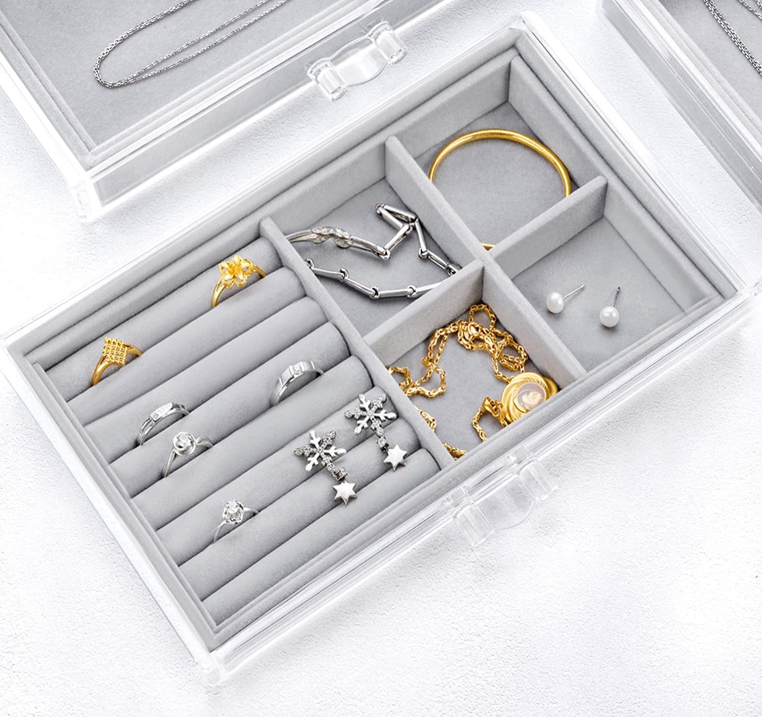 17Dec Acrylic Jewelry Holder Organizer Box with 5 Display Clear Earring  Holder Organizer Drawer,3 Velvet Jewelry Organizer Stand Tray.Jewelry Box