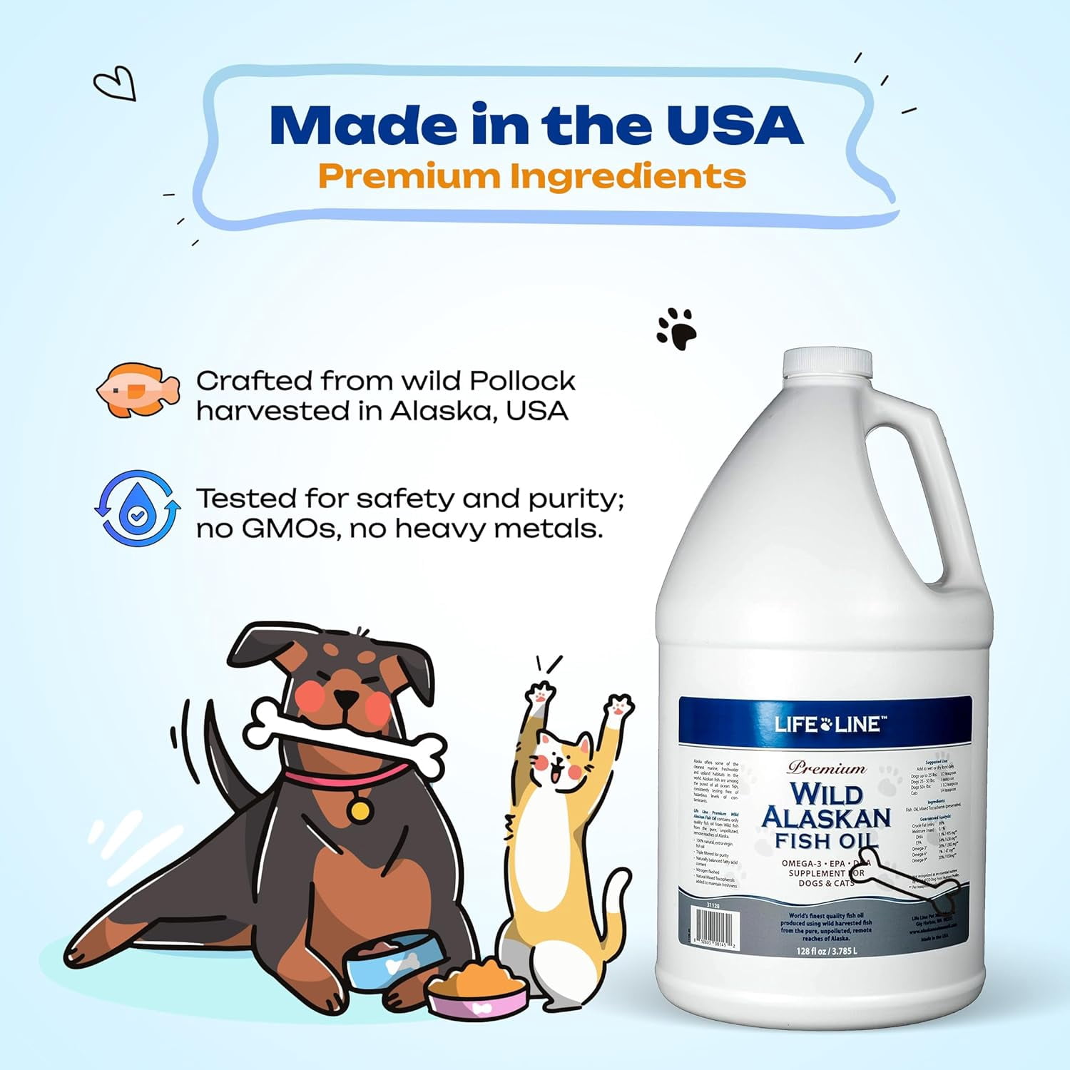 Life Line Pet Nutrition Wild Alaskan Fish Oil Omega-3 Supplement for Skin & Coat – Supports Brain, Eye & Heart Health in Dogs & Cats, 128oz