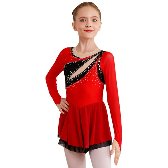 Yhong Kids Girls Shiny Rhinestones Ballet Dance Dress Figure Skating Gymnastics Leotard Dress Dancewear Red 12
