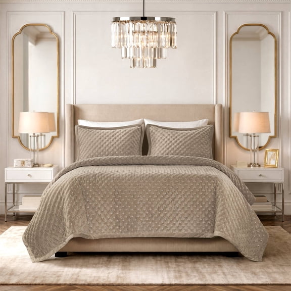 3-Piece Queen Velvet Coverlet Mini Set,Taupe