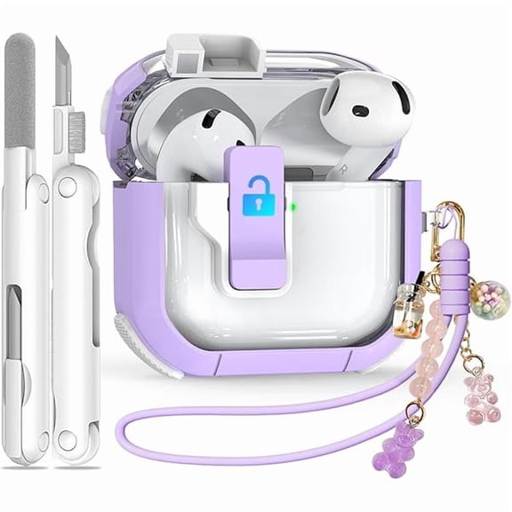Secure Lock Case for AirPods 4, lulufa 5-in-1 Anti-Yellow Clear Cases for Apple AirPods 4th Gen 2024 for Women Girly, Soft TPU Cover with Cleaner, Silicone Wrist Strap,Cute Candy Keychain, Carabiner