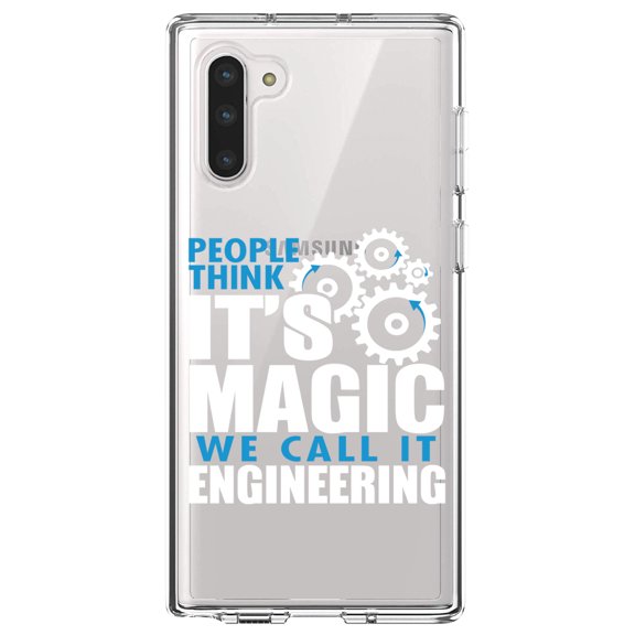 DistinctInk Clear Shockproof Hybrid Case for Samsung Galaxy Note 10 (6.3" Screen) - TPU Bumper Acrylic Back Tempered Glass Screen Protector - People Think It's Magic It's Engineering