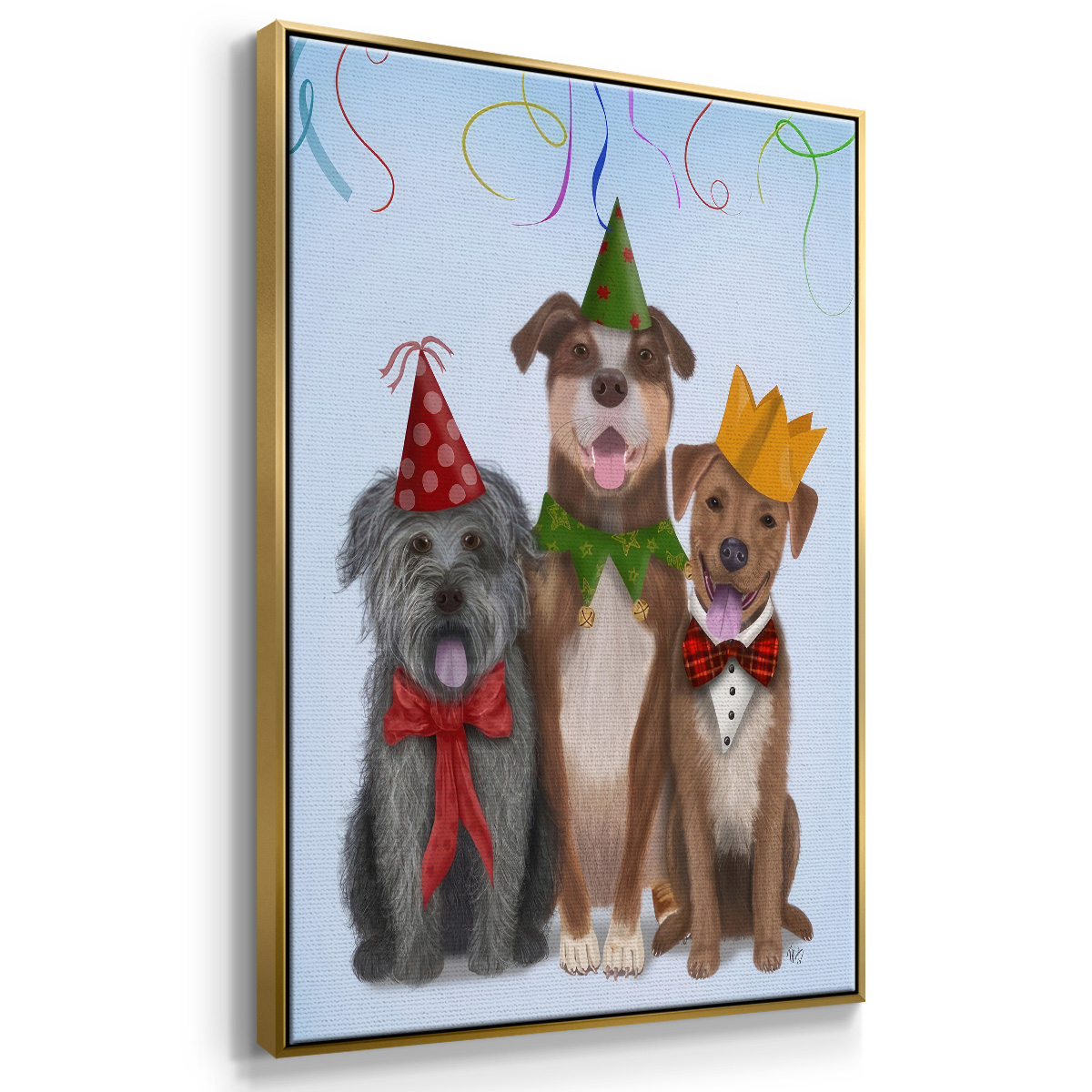 Christmas Party Mutts - Framed Gallery Wrapped Holiday Canvas - 25 x 37 - Gold Frame
