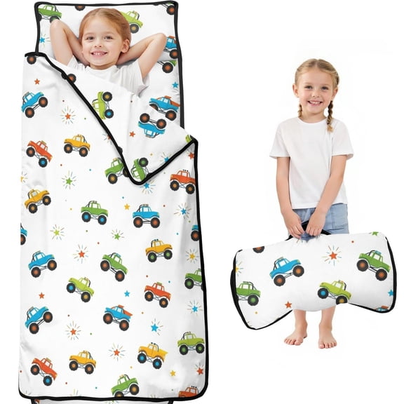 Monster Cartoon Truck White Pattern Teens Toddler Nap Mat with Pillow, Sleeping Mat Bag for Preschool Daycare 59"x22"