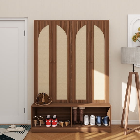 Farmhouse Widen Hall Tree with 4 Rattan Doors, Versatile 4-In-1 Seating Bench with 6 Hooks, Mid-Century Entryway Shoe Cabinet with Adjustable Shelf for Living Room, Walnut, 55.1"W