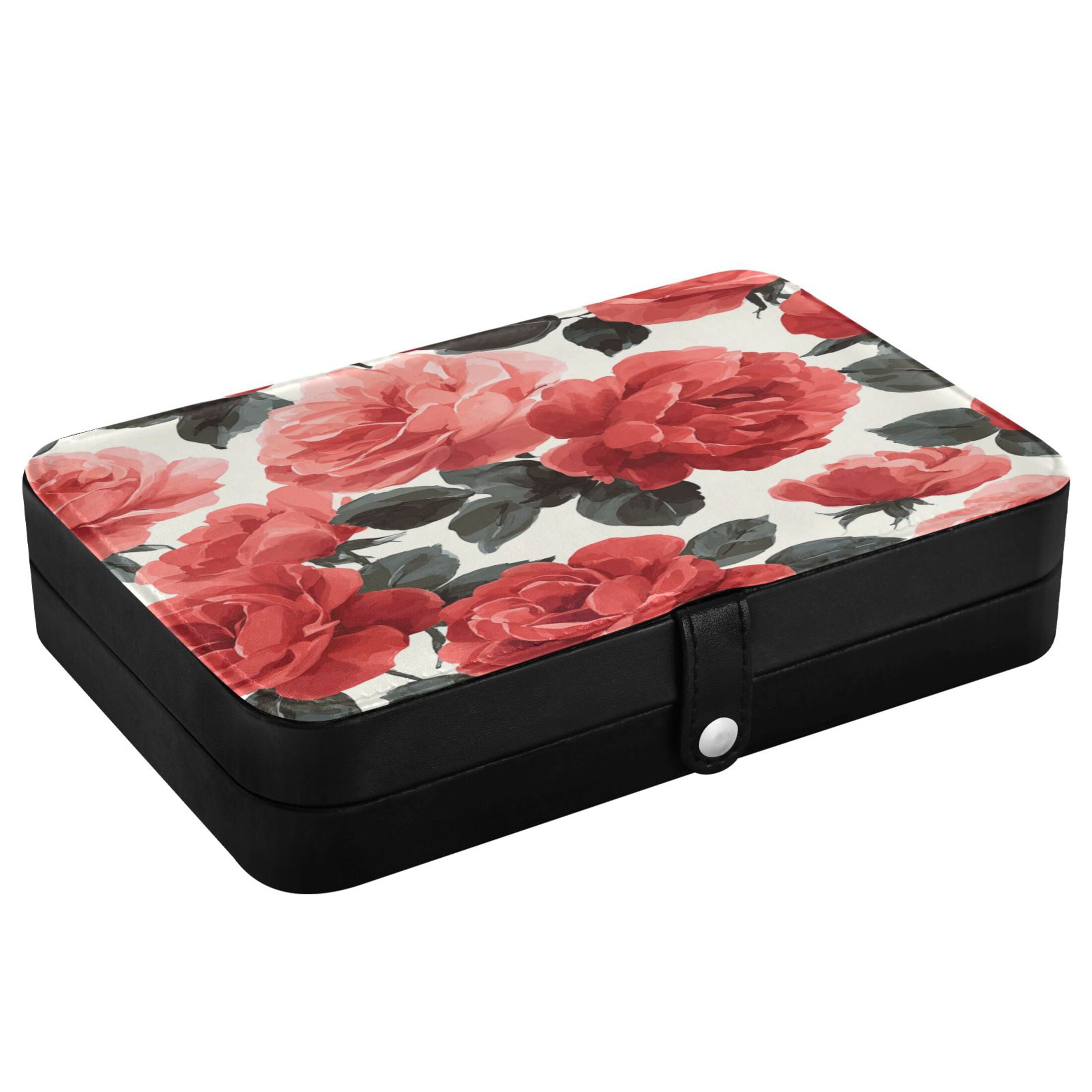 Leather Jewelry Box Rectangular 8.27x5.5x1.78In Travel Jewelry Storage Earrings Necklace Bracelet Watch Brooch Storage Beautiful Red Rose