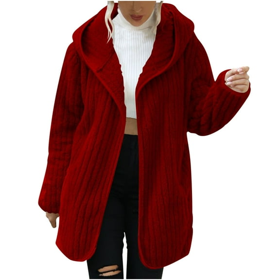 Fesfesfes Women Winter Coats Solid Color Hooded Loose Double-Sided Plush Buttonless Cardigan Jacket Fall Saving Sale