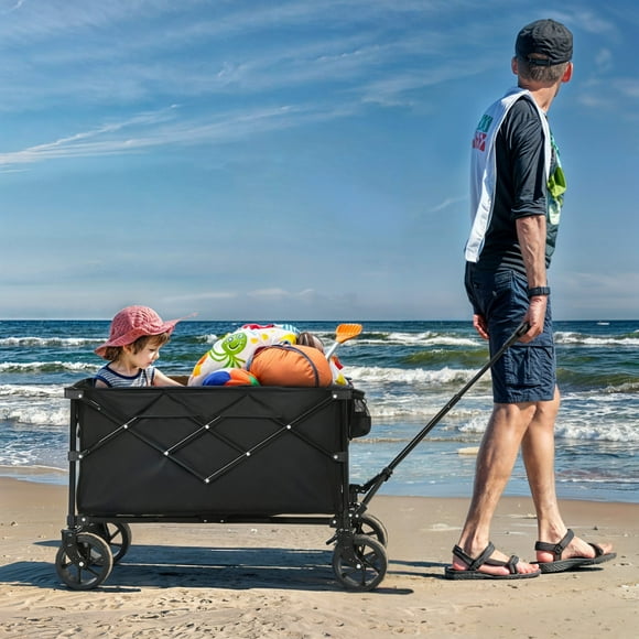 DEXTRUS 183L Folding Utility Wagon with Top Mesh Cover, 220 lb Heavy-Duty Collapsible Cart with All-Terrain Wheels, Portable Beach Wagon for Sports, Shopping, Camping, Garden, Adjustable Handle, Black