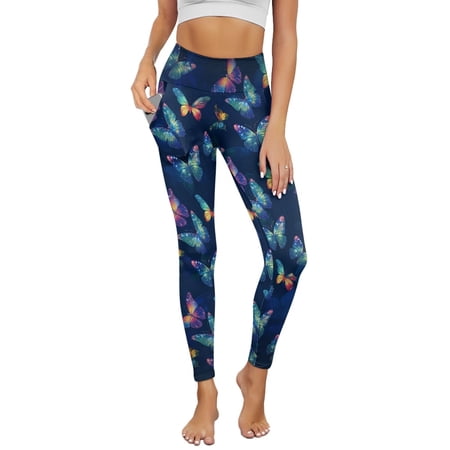 COEQINE Elastic Yoga Pants for Women with Pockets High Waisted Tummy Control 4-Way Stretch Workout Leggings Butterfly Dark Blue No See Through Hip Lift Tights for Hiking XS