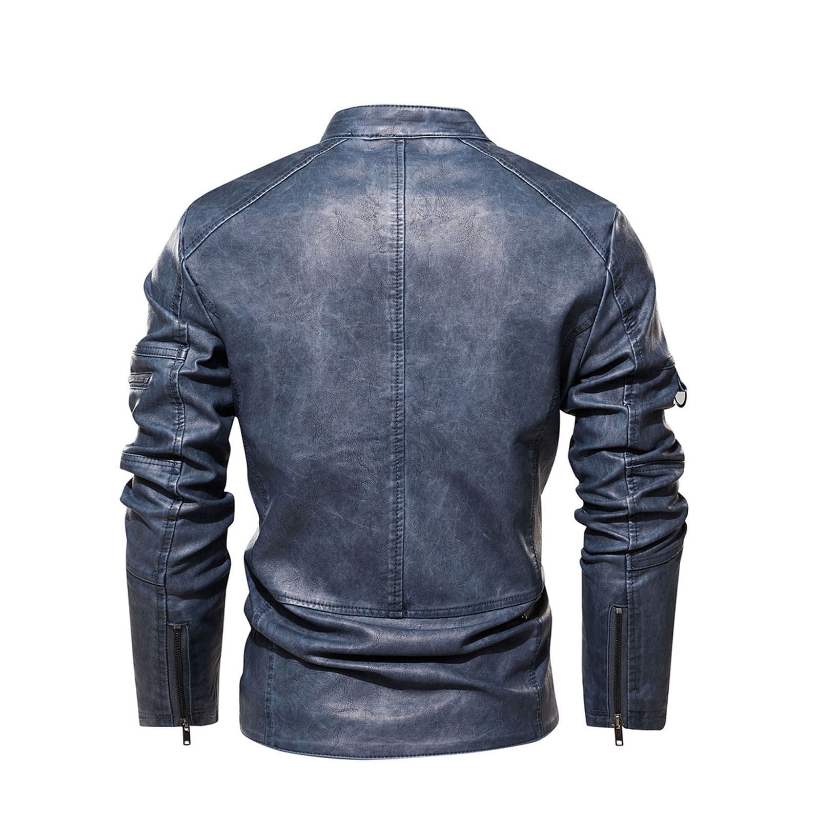 HAPIMO Leather Jacket Men's Casual Stand Collar Slim Leather Sleeve Flight Jacket Faux Leather Biker Jacket Blue L