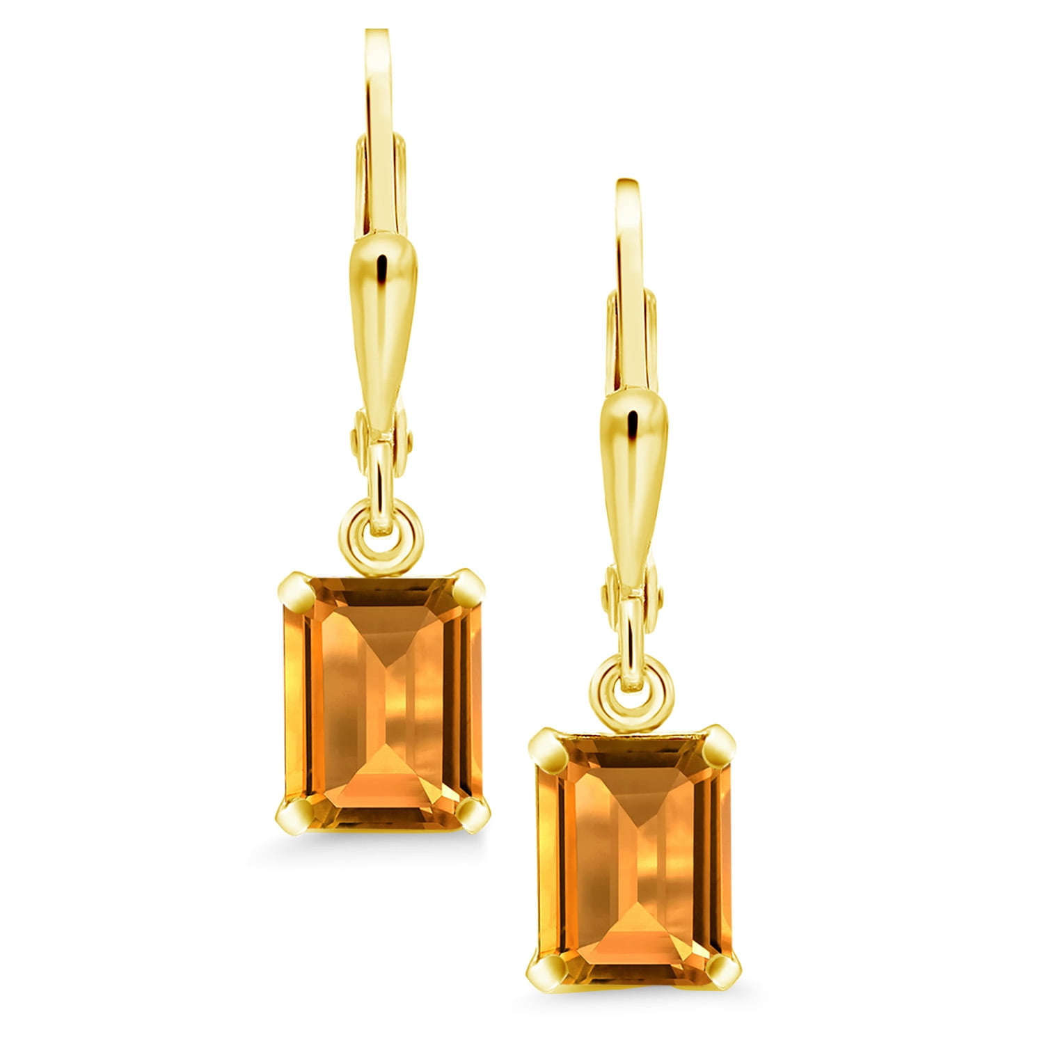 Gem Stone King 18K Yellow Gold Plated Silver Yellow Citrine Dangle Earrings for Women (3.30 Cttw, Gemstone November Birthstone, Emerald Cut 8X6MM)