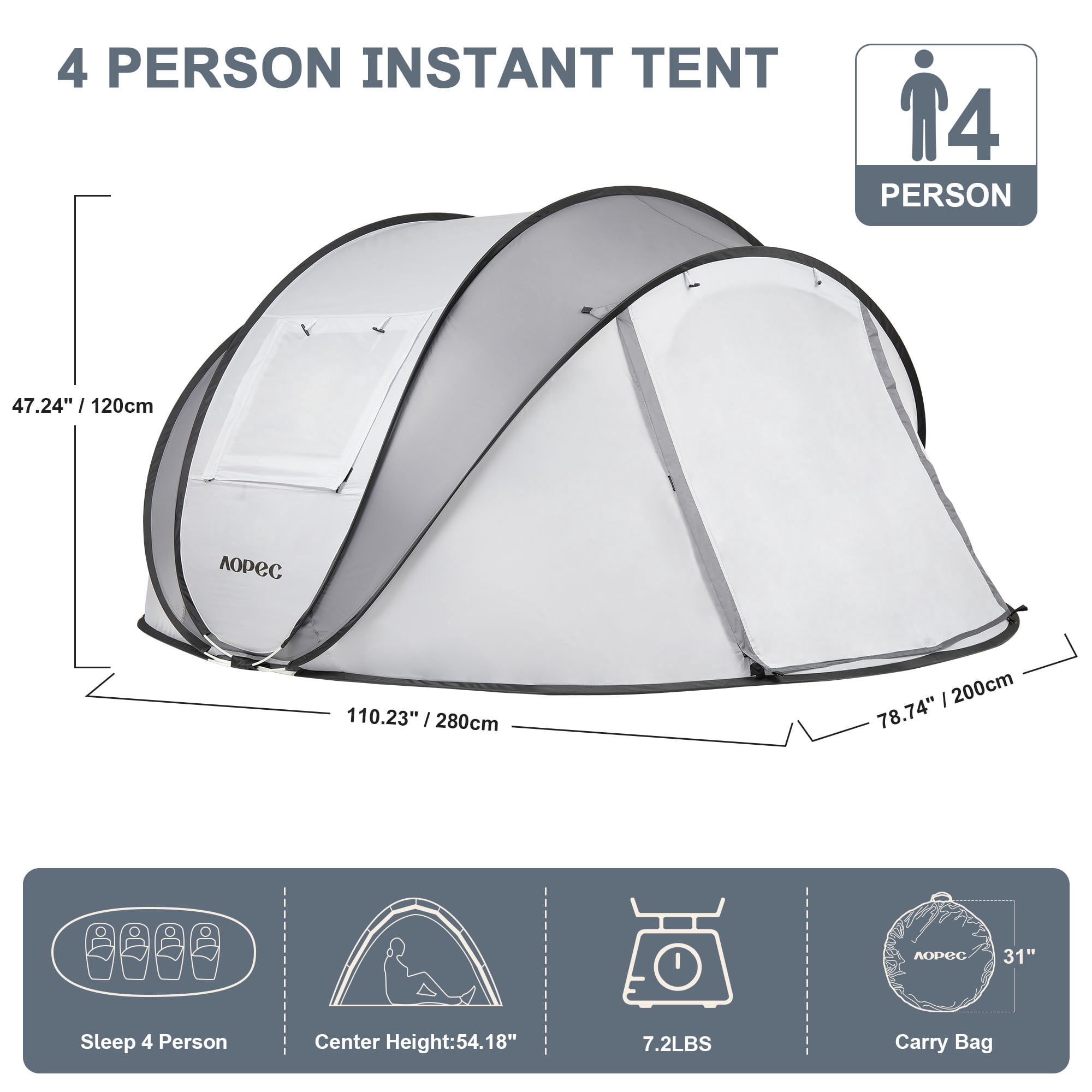 AOPEC Pop Up Camping Tent, 2/4/6 Person Instant Tent Waterproof PU4500mm, Spacious Ventilated Camping Tent with Front Porch, Quick Setup Lightweight Portable for Outdoor Camping Hiking Beach