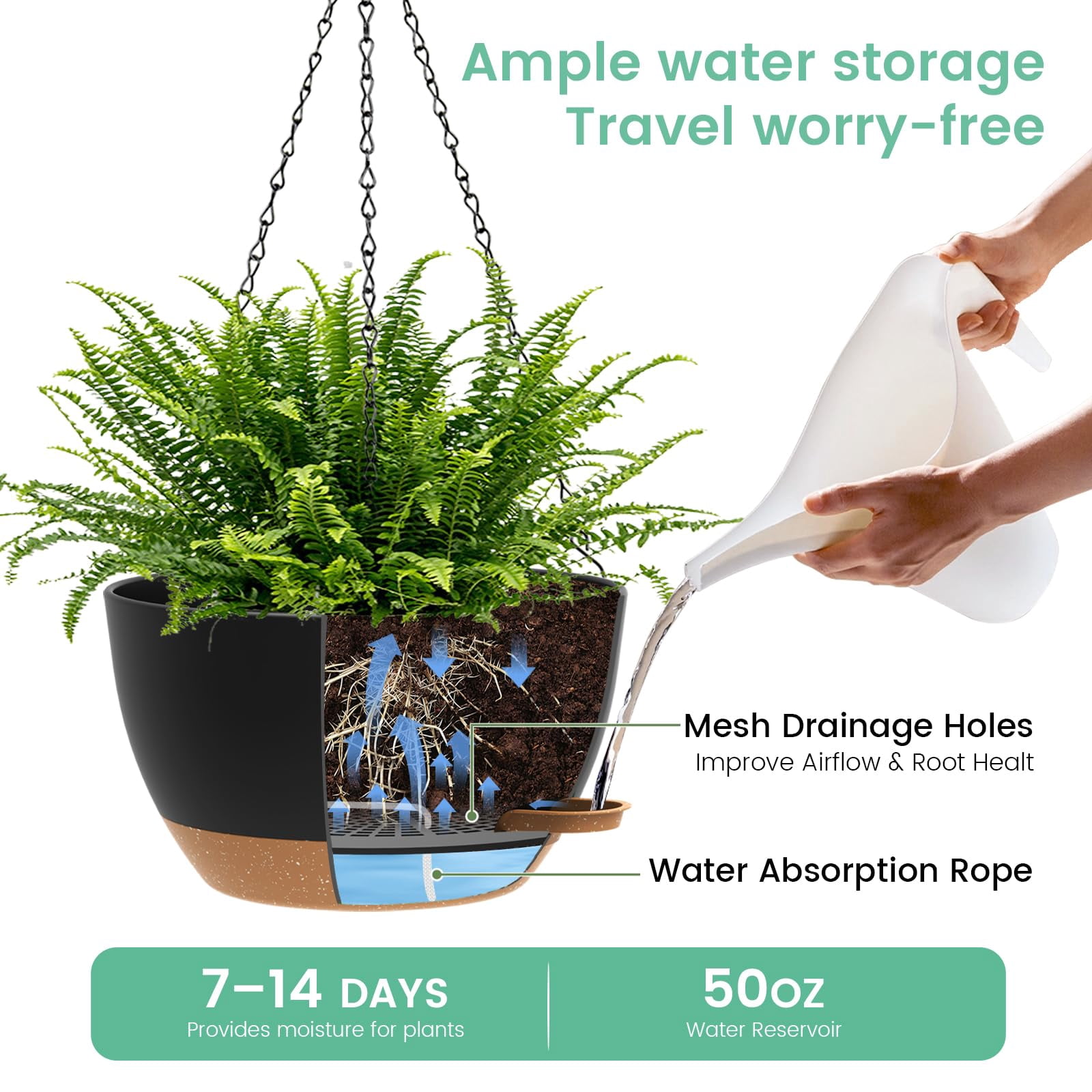 13 Inch 2 Pack Large Self Watering Hanging Planters For Indoor Outdoor Plants  Plant Pots With Removable 50 Oz Reservoir Plastic Basket Window Porch Garden Black Brown