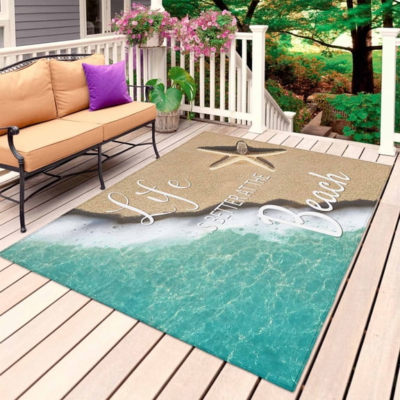 Starfish Beach Outdoor Rug for Patio/Deck/Porch, Non-Slip Large Area Rug 5 x 8 Ft, Ocean Turquoise Wave Brown Sand Summer Indoor Outdoor Rugs Washable Area Rugs, Reversible Camping Rug Carpet Runner