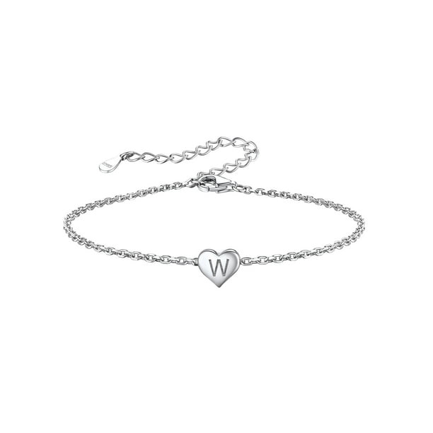 Pulsera de corazón inicial Silvora Pulseras de dijes de plata de ley 925 para mujeres Adolescentes letra W