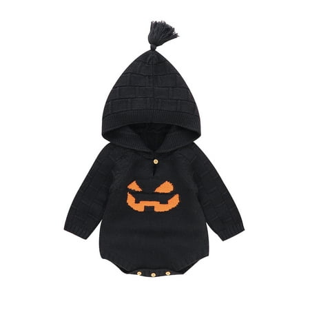 

Gwiyeopda Toddler Infant Baby Girl Halloween Long Sleeve Hooded Knitted Bodysuit Pumpkin Outwear Romper