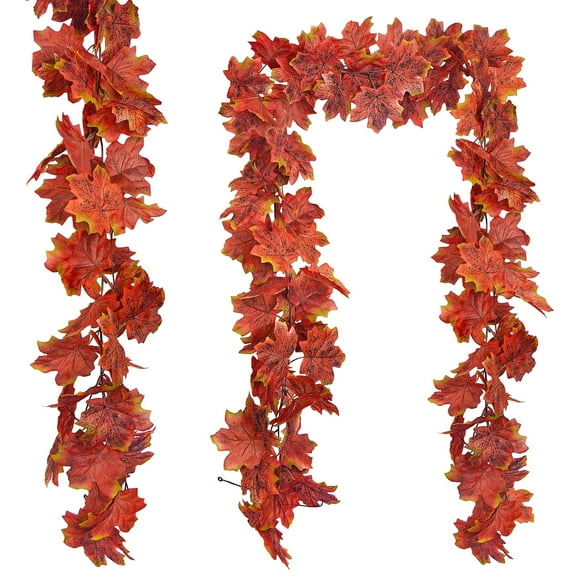 Huryfox 2 Packs Artificial Fall Maple Leaf Garland - 17ft Faux Autumn Vines Home Decor for Halloween Decoration and Thanksgiving Party Favor (Red)