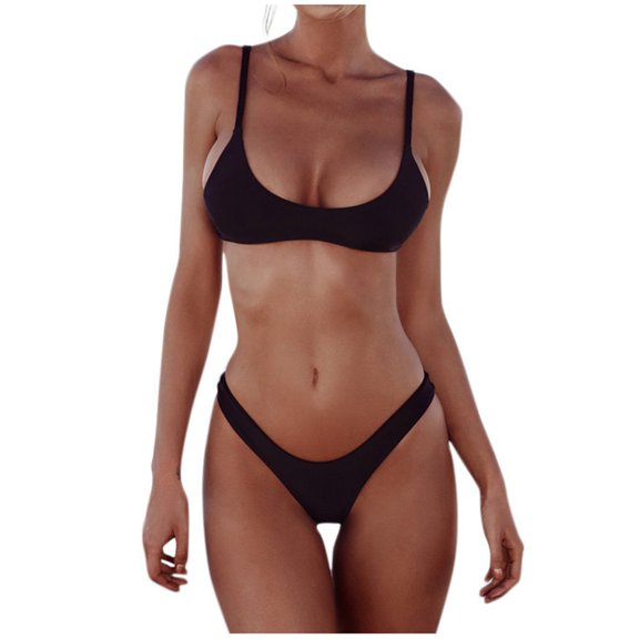 Women Push Up Padded Bikini Set Bandage Tie Two Piece Swimsuit Summer Beach Bathing Suit Swimwear,Black,XL