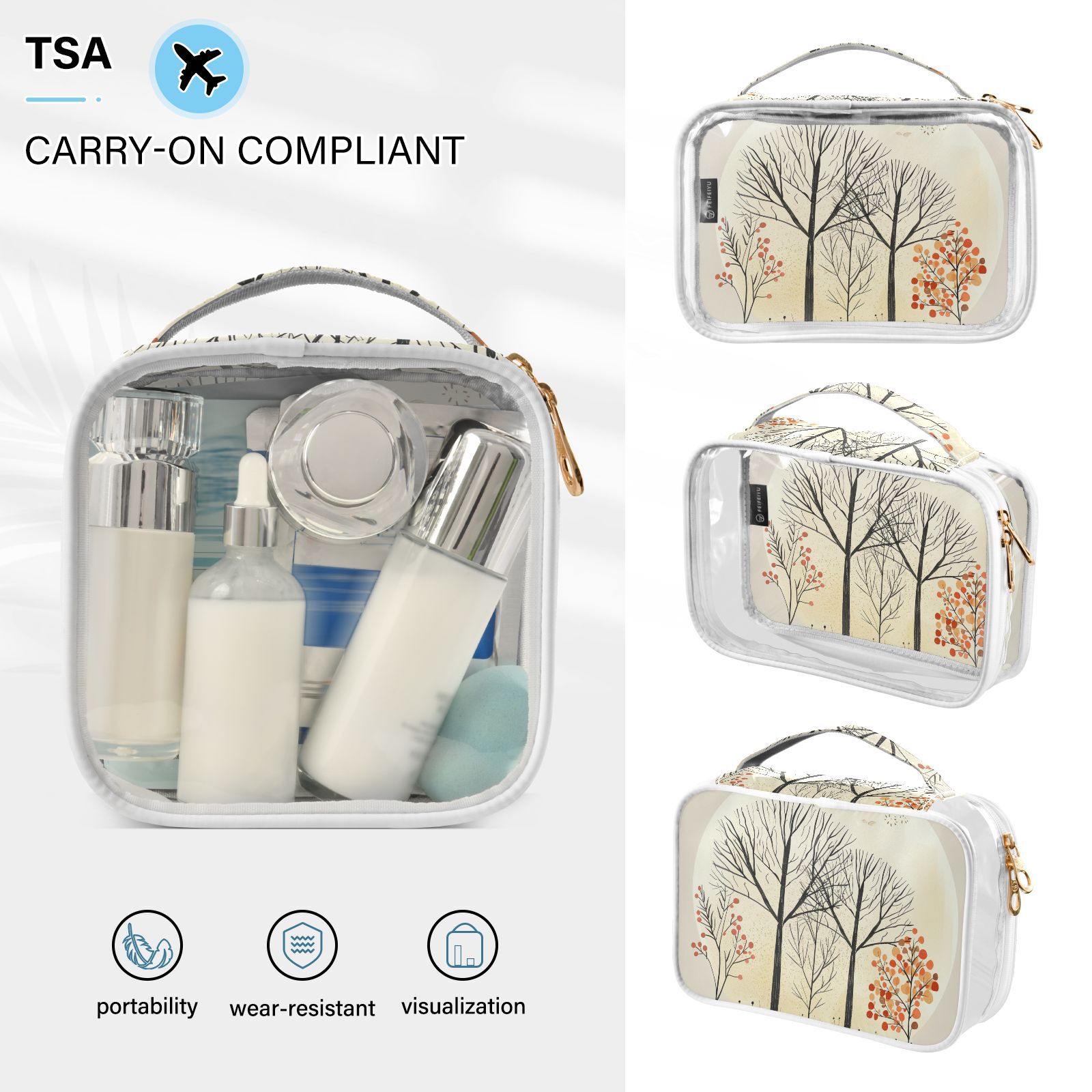 Clear Makeup Bags with Handle Large Opening 2 Pack Set Toiletry Bag Quart Size Bag, for Women Man Traveling Travel Essentials, Toiletries and Other. Hand Drawn Forest