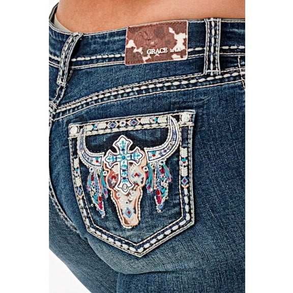 Grace in LA Women's Steer Head Cross Embellished Bootcut Stretch Jeans (25, Blue Stonewashed)