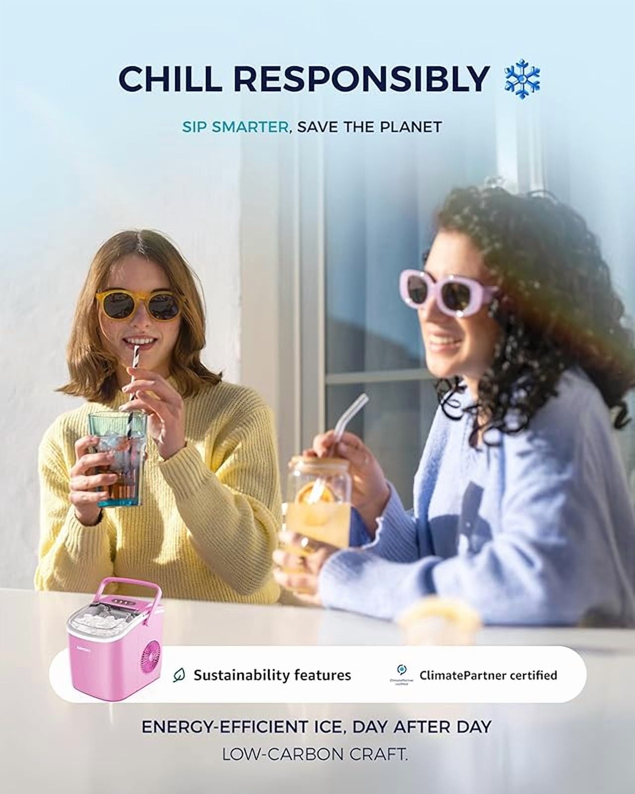 Countertop Ice Maker Machine with Handle, 26lbs in 24Hrs, 9 Ice Cubes Ready in 6 Mins, Auto-Cleaning Portable Ice Maker with Basket and Scoop, for Home/Kitchen/Camping/RV. (Pink)