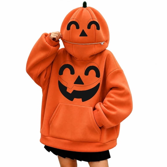 Halloween Hoodies Women Festive Pumpkin Face Print Sweatshirt Long Sleeve Pullover Tops Fall Winter Warm Clothing Orange L