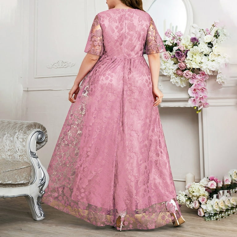 Pink Lace Chiffon Baby Pink Long Formal Gown Baby Pink V-neck